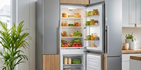 Geöffneter Kühlschrank mit Lebensmitteln